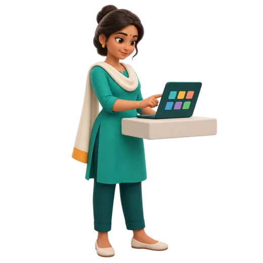 Clay figure of a cashier tapping picture tiles