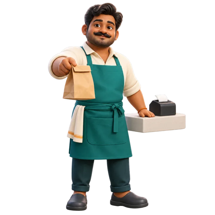 Clay figure of a smiling shop owner in a teal apron handing over a paper bag, a receipt printer beside him
